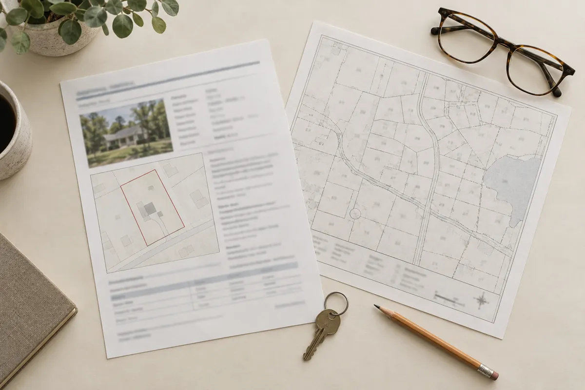 A printed property report and parcel map on a desk with a house key